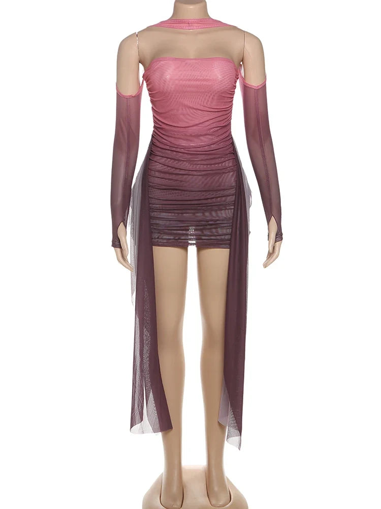 Mesh Simple Mini Dress Fashion Solid Strapless Ribbons Tassel Body-shaping Vestidos+Seperately Full Sleeve Gloves