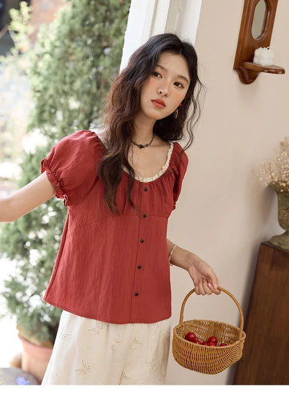 French Summer Shirts for Women 2025 Short Puff Sleeve Lace Colla Slimming Blouses Female Sweet Fashion New MXE35X1827
