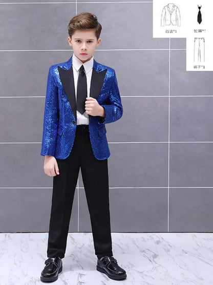 Boys Sequined Suit Set 3 Pieces Performance Wear 120-160cm Handsome Kids Slim Fit Suits Wedding Ring Bearer Outfit