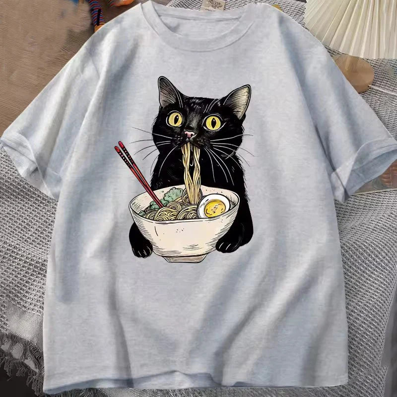 Cotton Noodle Ramen Cat T Shirt Foodie Lover T Shirts Black Cat  T-Shirts Retro Casual Short Sleeve Tshirt Men Women Clothes
