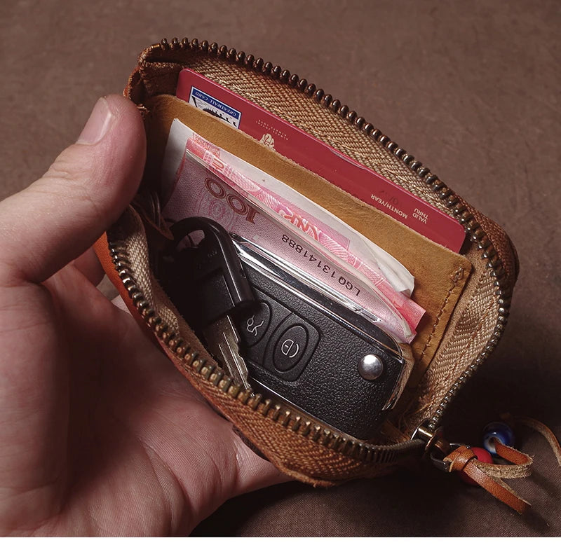 High Quality Genuine Leather Home Car Key Bag Retro Men Handmade Top Cowhide Coin Purse Women Zipper Mini Wallet Card Holde