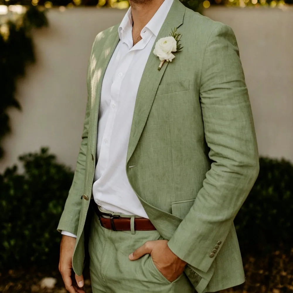 Beige Linen Men Suits 2 Pieces Wedding Tuxedo Summer Slim Fit Groom Blazer Trousers Set Formal Attire wedding suits for men