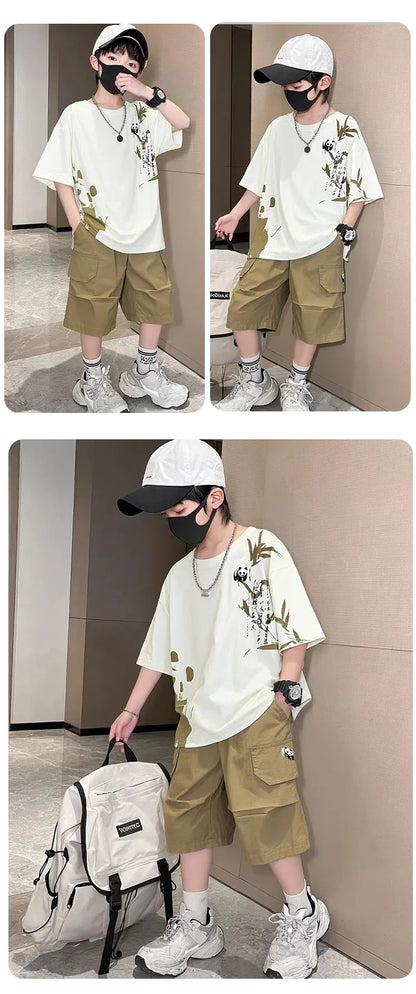 Chinese Style Kids Boy Summer Suit Twopiece Outfit Set With Panda Print T-shirt And Shorts Clothing Set for Children Streetwear