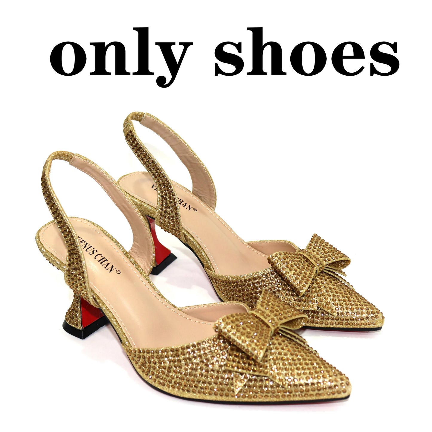 Bridal High Heels for Women 2023 Pointed Toe With Bows Gold Color Rhinestone  Elegant Party Wedding Shoe and Bag Set