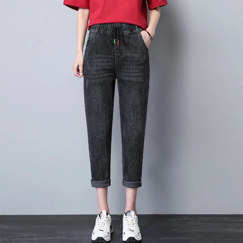 Elastic Waist Dad Harem Jeans Women's Light Blue Spring Summer New Style High Waist Wear Resistant Eighteen Inches Blue Jeans