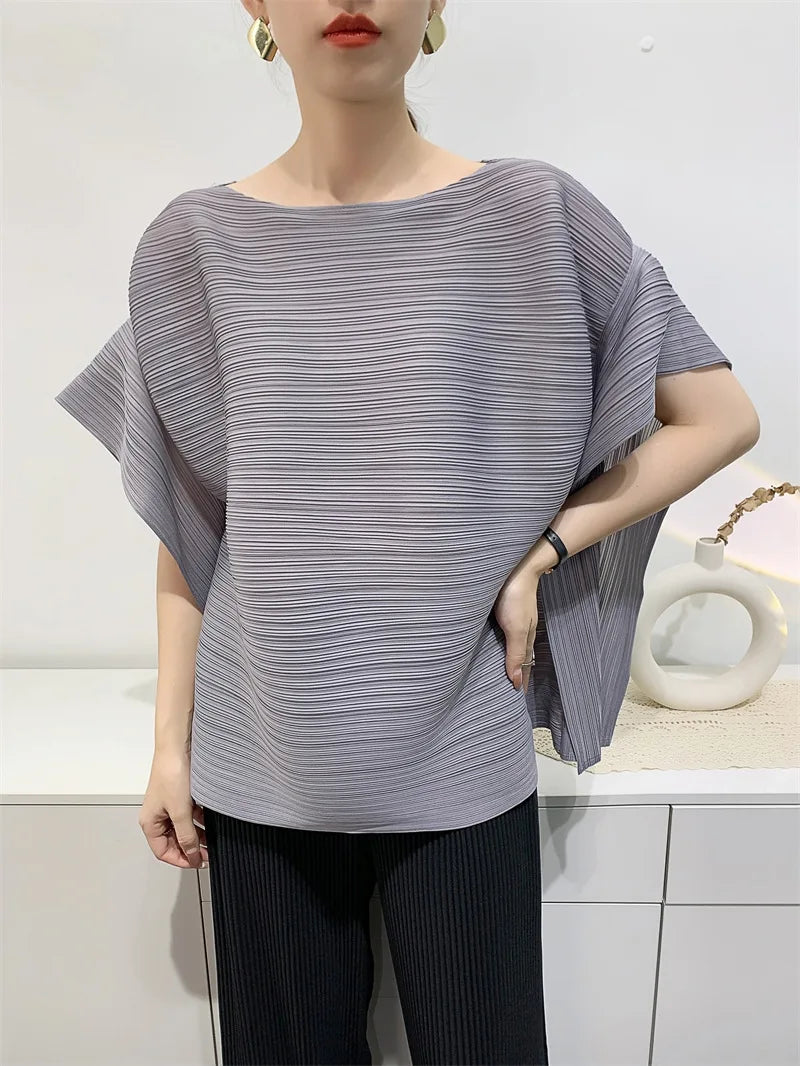 2025 Summer T-shirt Miyake Comfortable Casual Loose Pleated Top Women Short Sleeve Slim Commuter Office Clothes Wrinkle-Free