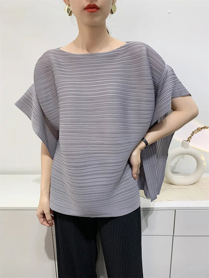 2025 Summer T-shirt Miyake Comfortable Casual Loose Pleated Top Women Short Sleeve Slim Commuter Office Clothes Wrinkle-Free