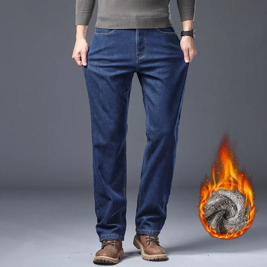 Men's Fleece Lined Thicken Jeans Winter Warm Stretch Slim Fit Denim Pants Comfortable Soft Trousers for Daily Work Wear Clothing
