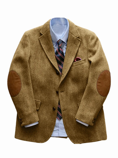 Men's Vintage Herringbone Tweed Blazer With Elbow Patch 2 Button Single Breasted Cotton Casual Slim Fit Business Jacket XS-7XL