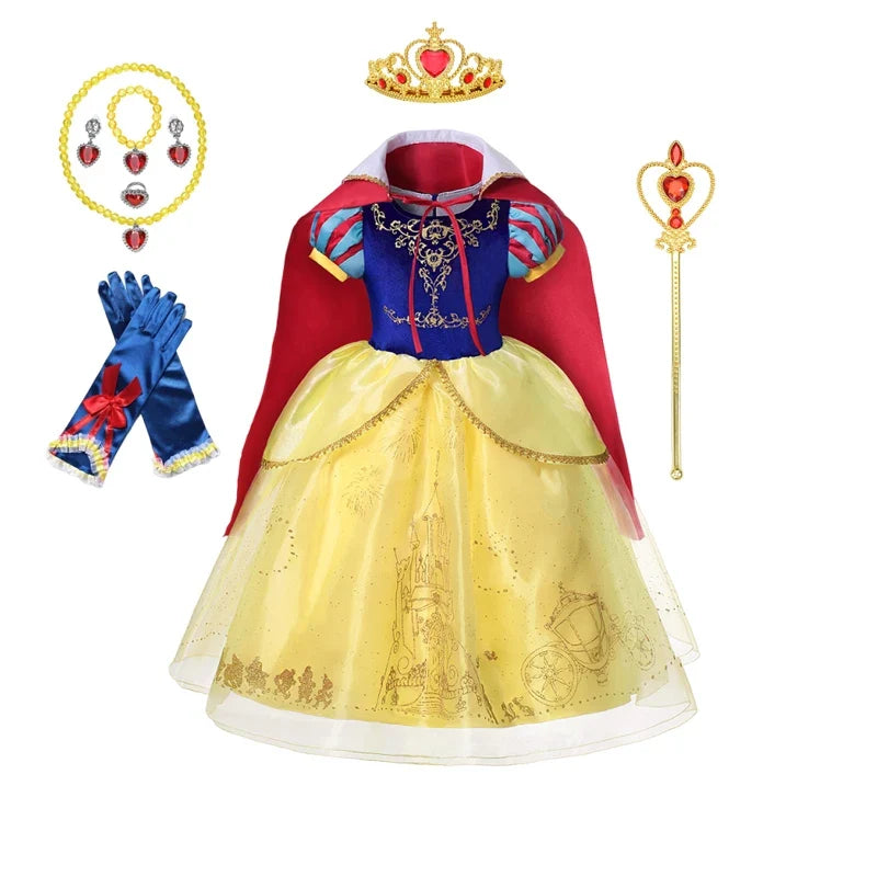 Summer Deluxe Princess Snow White Gown with Cape Girls Fairy Kids Cosplay Costume Toddler Carnival Apparel Halloween Dress up