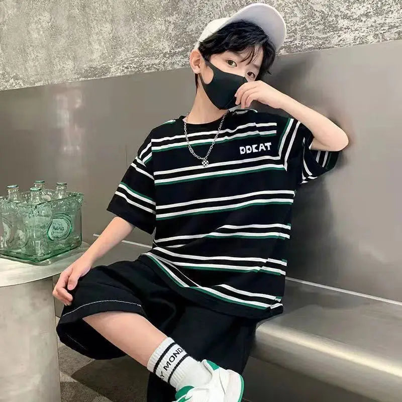 Striped Short-sleeved Shirt Boy Outfit 2025 Children's Clothing Toddler Cartoon Fashion Boys Set Kids Sweatshirt Summer Suit Top