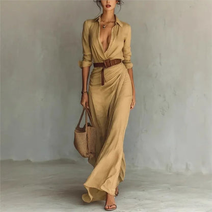 Women's Fashion Solid Holiday Party Dress Elegant Lapel Button Draped Long Dress Casual Long Sleeve Match With Belt Shirt Dress