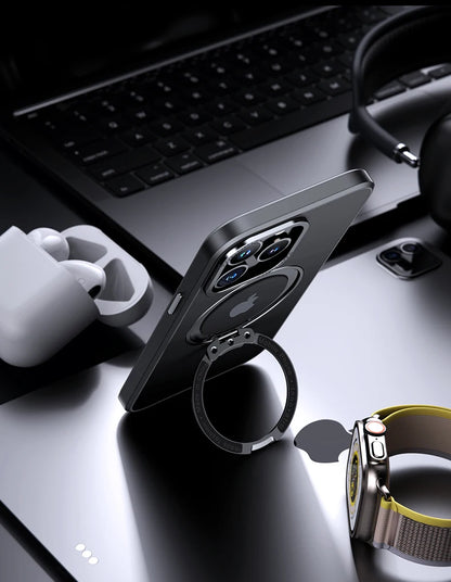 360° Rotating Stand Magnetic Case For iPhone 17 16 15 14 13 12 11 Pro Max Plus 17Air 16e Premium Metal Button Folding Bracket