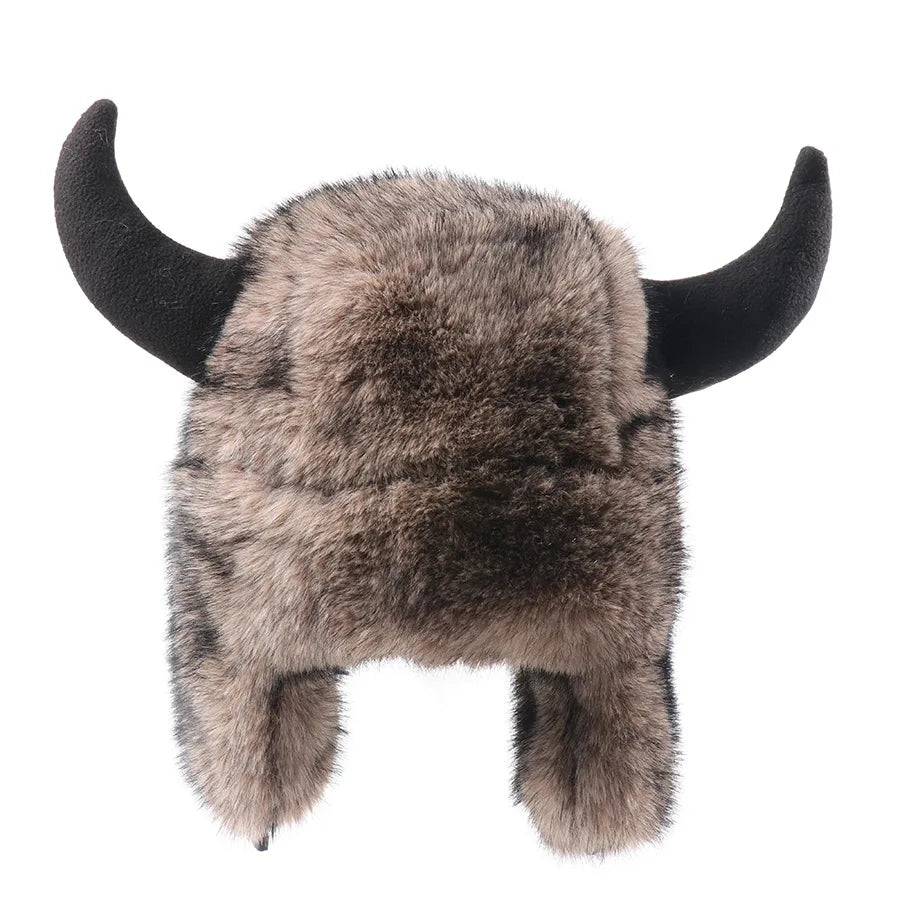 Imitation Fur Warm Horned Lei Feng Hats for Men Winter Russian Ushanka Hat Outdoor Thicked Windproof Ear Protection Caps