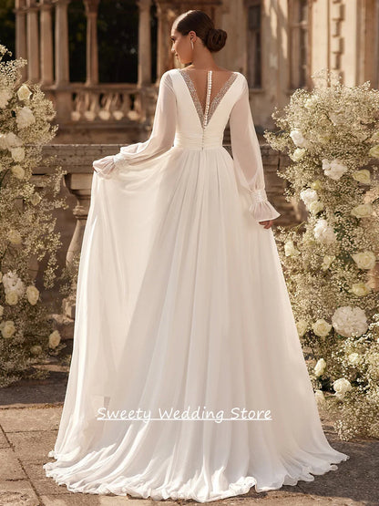 Romantic Wedding Dresses for Woman Bride Customized Puff Sleeves V Neck Beading Sequined Sweep Train Chiffon Bridal Gown