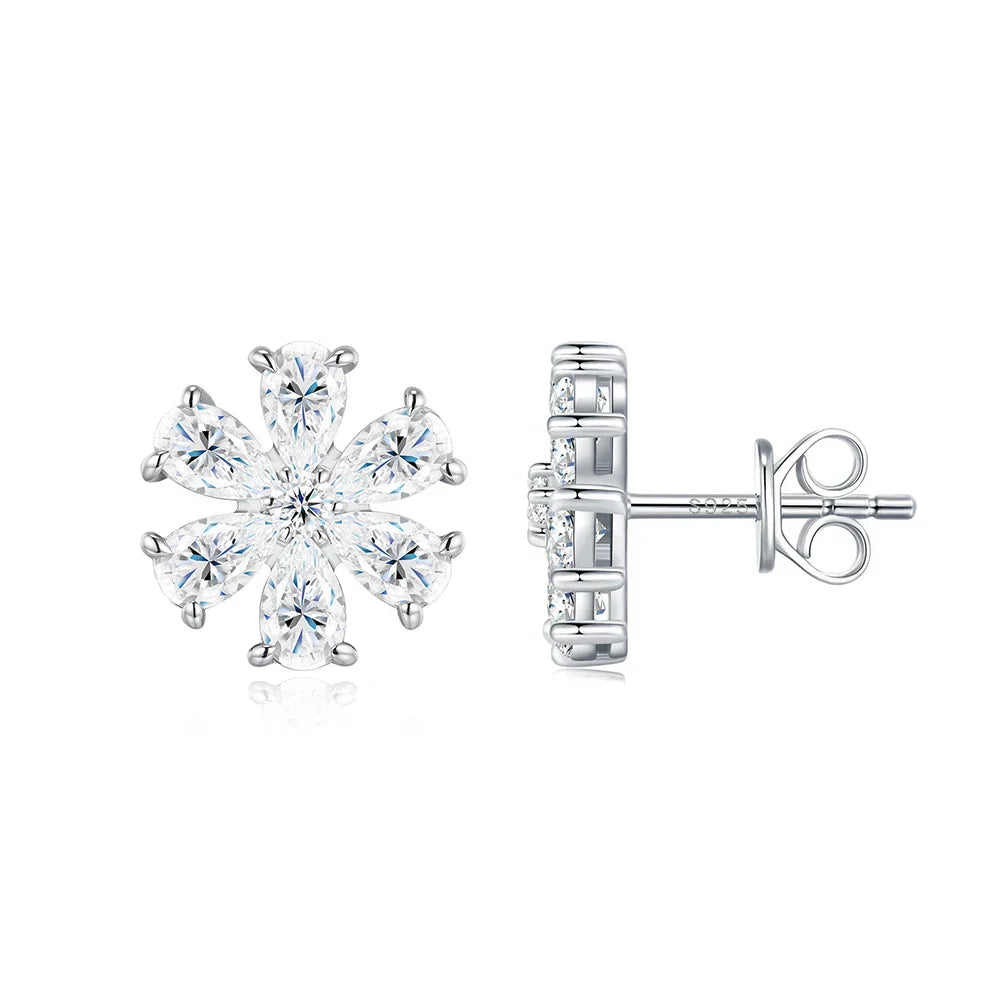 Cluster Flower Full Moissanite Stud Earrings for Women Pear Cut Lab Diamond Earring 925 Sterling Silver Ear Studs Fine Jewelry
