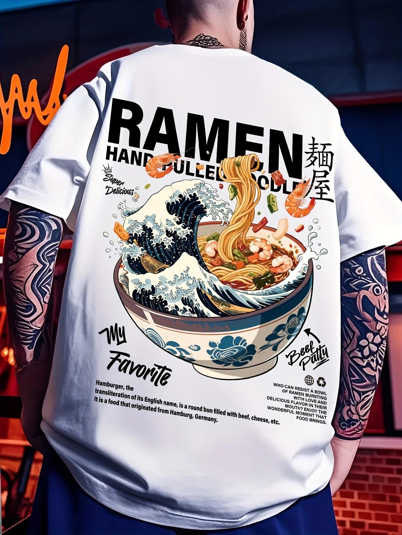Men New Summer Casual Street Style T-shirt Japanese Waves Ramen Pattern Suitable for Daily Wear 100% Pure Cotton Soft Material