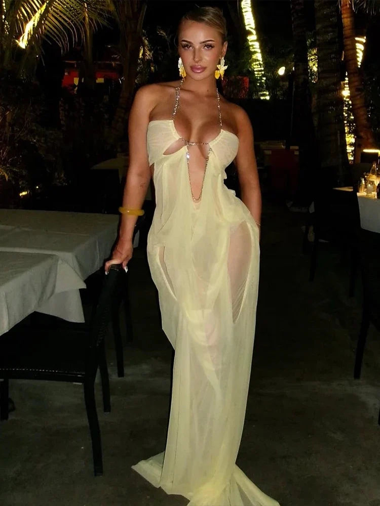 Prom Party Gown Dress Woman Sexy See Through Luxury Chain Halter Low-Neck Backless Sleeveless Midnight Elegant Vestidos