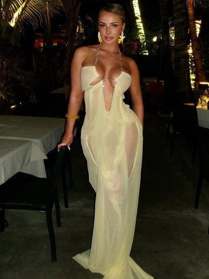 Prom Party Gown Dress Woman Sexy See Through Luxury Chain Halter Low-Neck Backless Sleeveless Midnight Elegant Vestidos