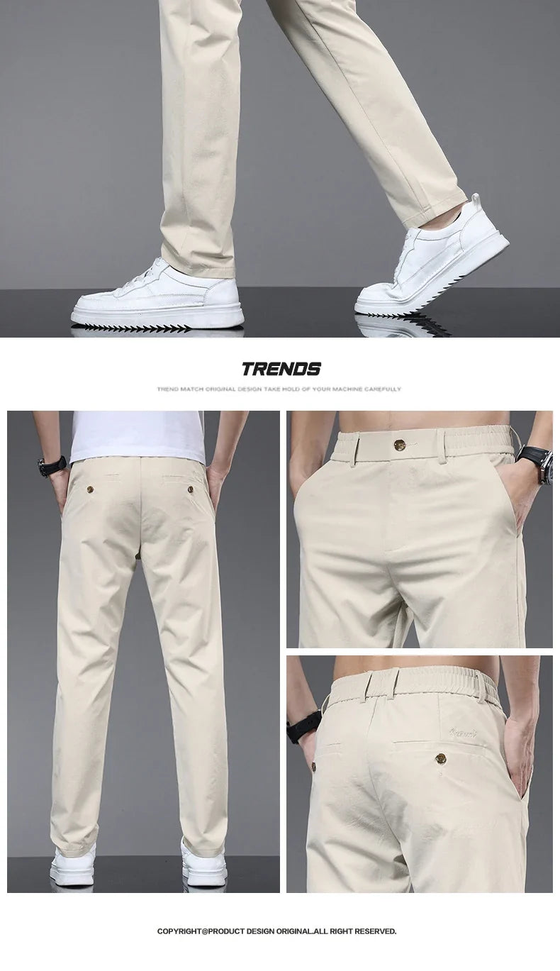 Spring Summer Thin Men's Slim Casual Pants Solid Color Elastic Waist Soft Breathable Business Straight Trousers Black Beige Gray