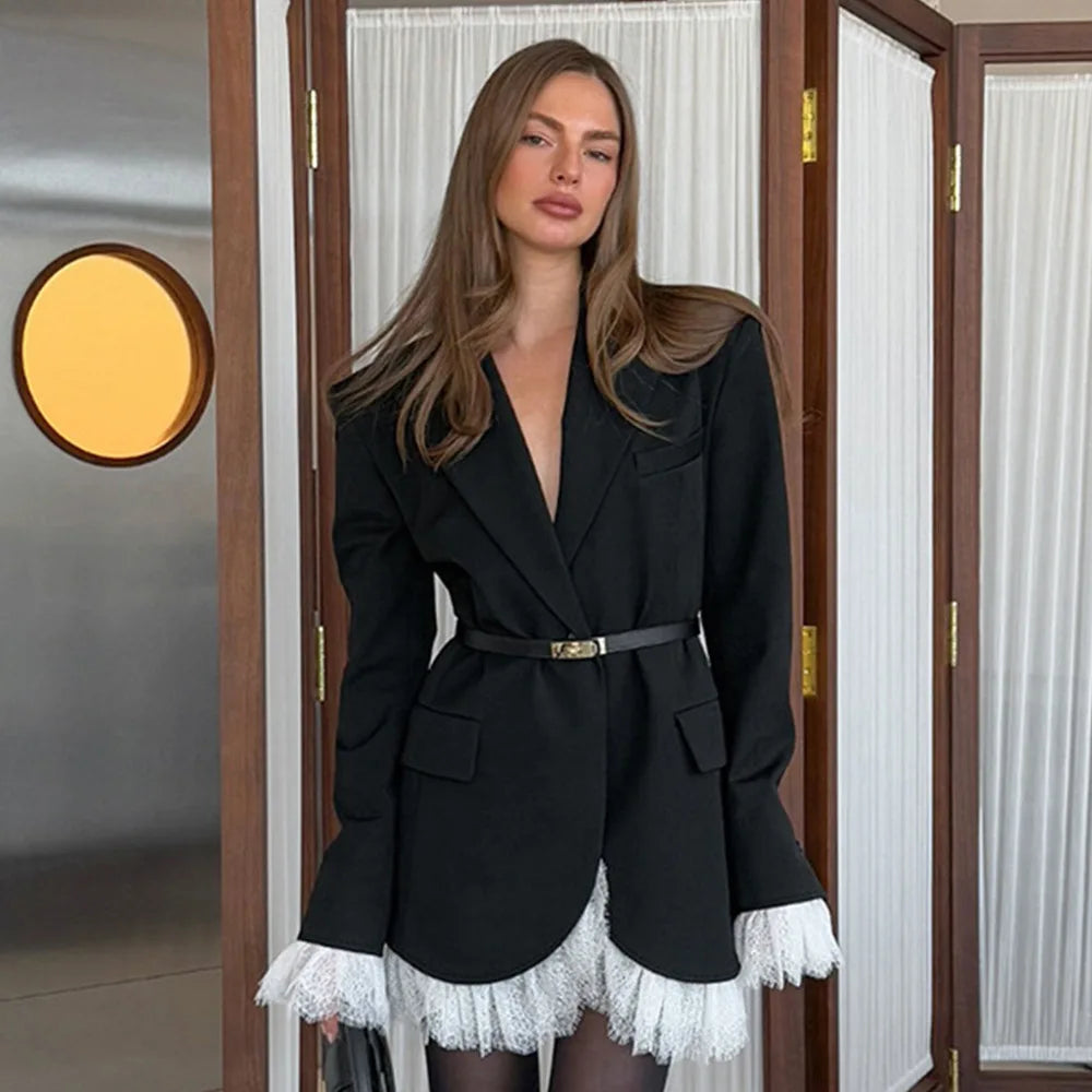Spring Autumn Elegant Lace Splicing Blazer V-Neck Oversized Black Coat Chic Streetwear Women