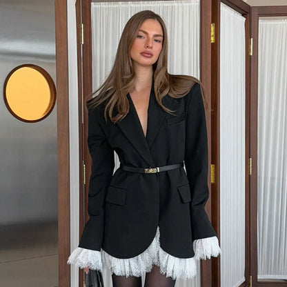 Spring Autumn Elegant Lace Splicing Blazer V-Neck Oversized Black Coat Chic Streetwear Women