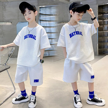 Summer Casual Boys Waffle Loose Alphabet T-Shirt Tops+Shorts Pant School Kids 2PCS Tracksuit Children Outfit Workout Set 5-16 Yr
