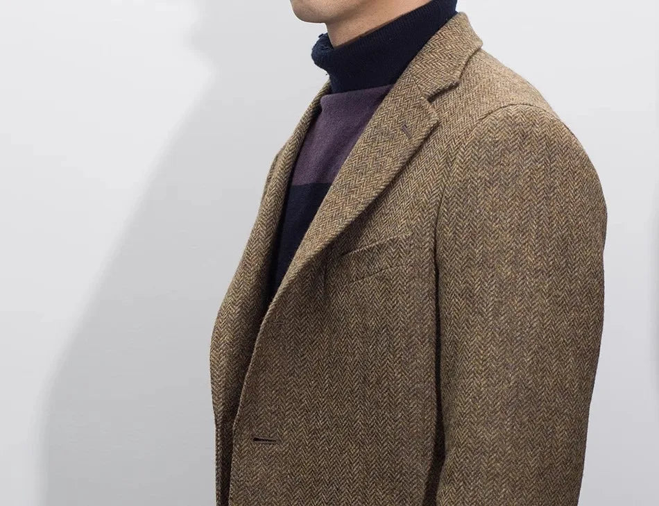 Uncle Nick's Wooster-Style Suit, Autumn and Winter Vintage Tweed Wool Herringbone Pattern Men's Blazer Suit
