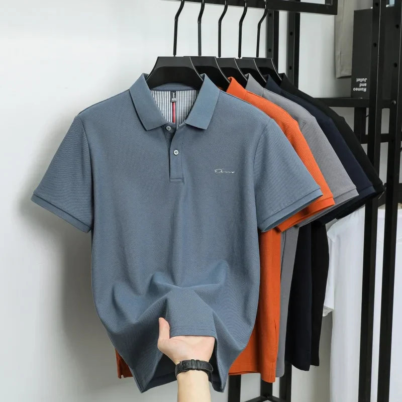Brand 100%pure cotton short sleeve polo shirt men's new fashion letter embossed business casual solid color summer lapel T-shirt