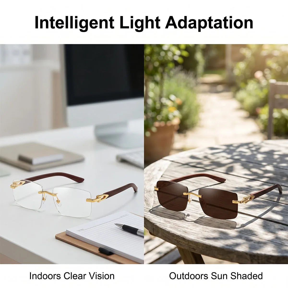 Photochromic Sunglasses Women Change Colour Rimless Sunglass Men Square Fashion Glasses UV400 Protection Wooden Shades Gafas