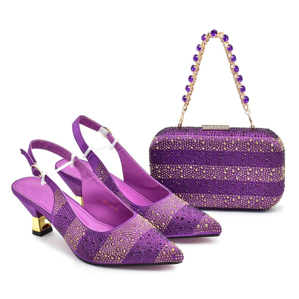 New Fashion Women Nigerian Italian Shoes and Bags Set Decorated with Rhinestone Elegant Woman Heeled Shoes Wedding Leather Shoe