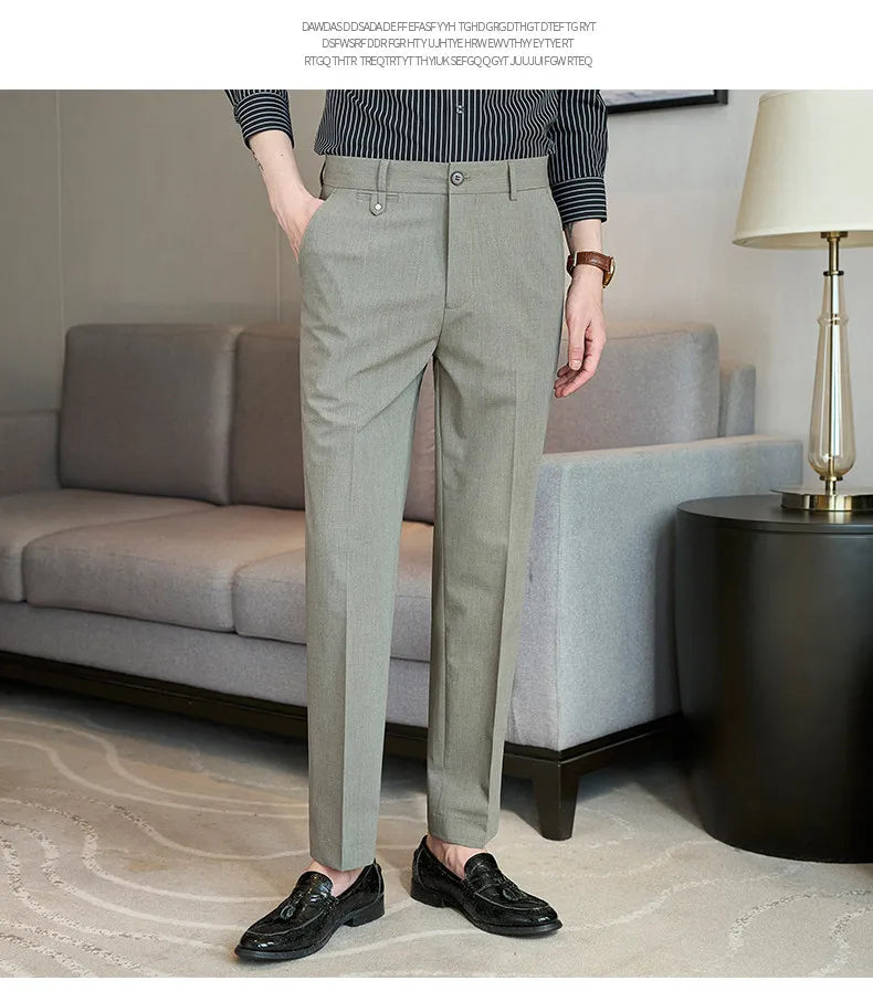 2026 Spring Summer Men's Pants Fashion Solid Color Suit Trousers Male High Waist Slim Fit Pants Men Business Casual Formal Pant