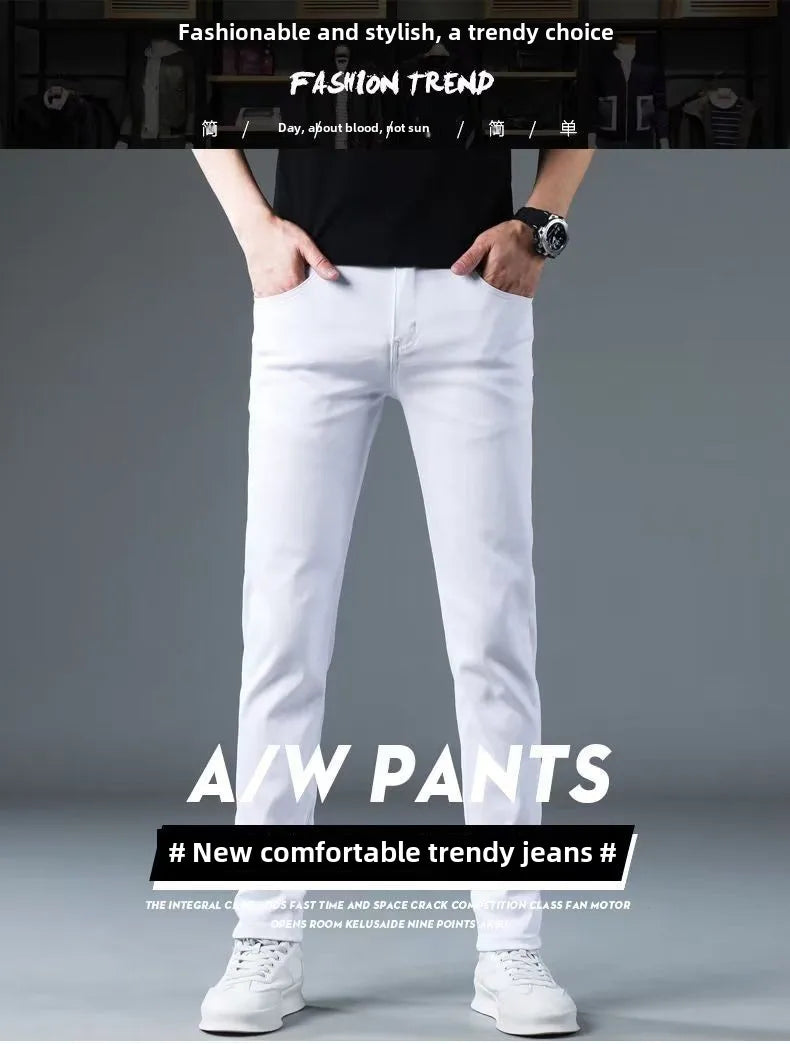 Korean Man Designer Clothes 2025 White Jeans Men Spring Autumn Printed Students Slim Stretch Pencil Pants Workwear Long Trousers