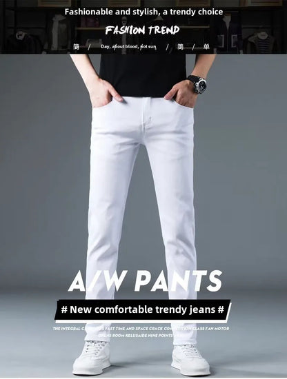 Korean Man Designer Clothes 2025 White Jeans Men Spring Autumn Printed Students Slim Stretch Pencil Pants Workwear Long Trousers