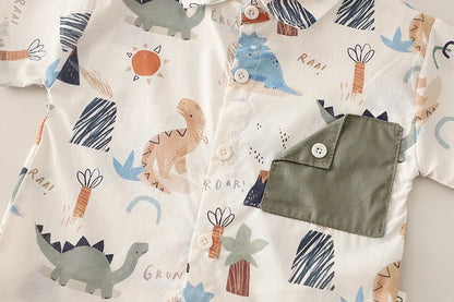 0-5 Years Old Baby Boys Summer Dinosaur Outfit, Short Sleeve Printed Shirt & Solid Cargo Shorts, 2Pcs Clothes Set