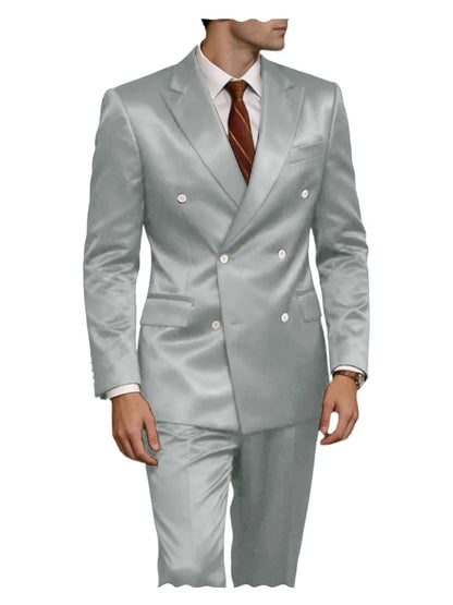 Luxury Men's Shiny Satin 2 Piece Suit Peak Lapel Double Breasted Jacket Pants Elegant Slim Fit Formal Tuxedo for Wedding Party