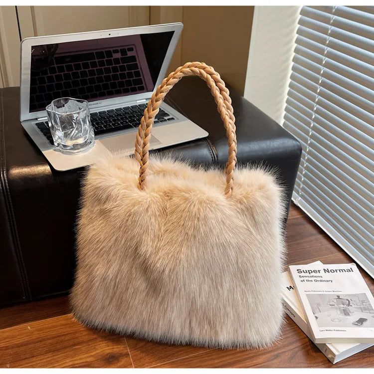 Fashion Women Furry Shoulder Bag Large Capacity Tote Handle Bag for Autumn Winter Outing Commuter Texture Versatile Storage Bags