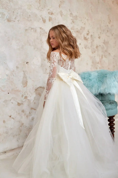 Customized Full Sleeves Flower Girl Dress Bohemian Tulle Ivory White Lace Bow Girls First Communion Gown Junior Bridesmaid Dress