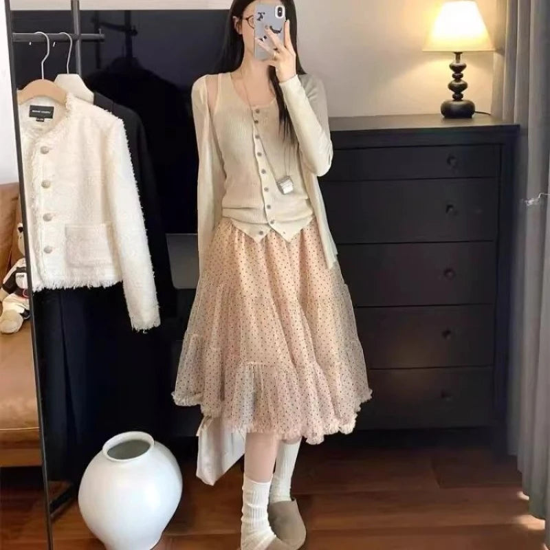 Sweet Elegant Skirts Women Korean Style Polka Dot Mesh Ruffle Skirt Fairycore Fashion Retro Streetwear Layered Skirts