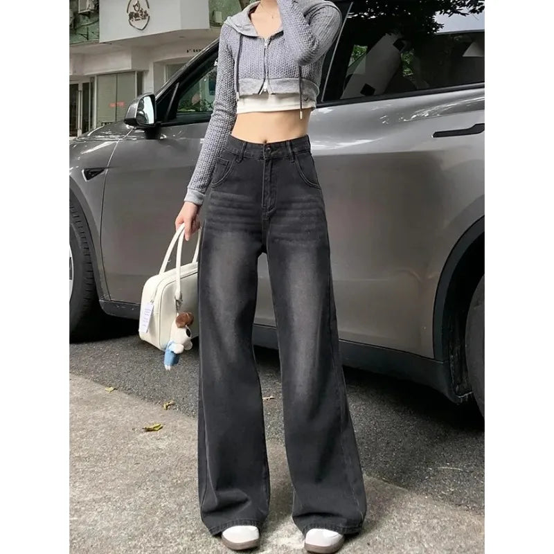 Casual High Waist Jeans Denim Loose Fit Personality Vintage Black Gray Straight Leg Wide Leg Trousers Women Women's pants