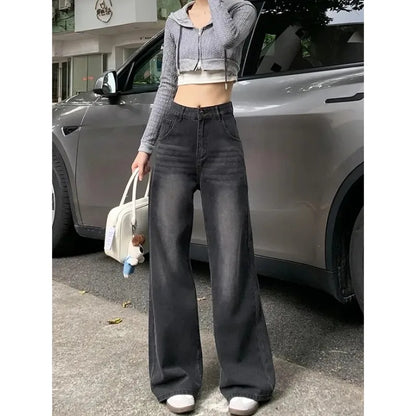 Casual High Waist Jeans Denim Loose Fit Personality Vintage Black Gray Straight Leg Wide Leg Trousers Women Women's pants