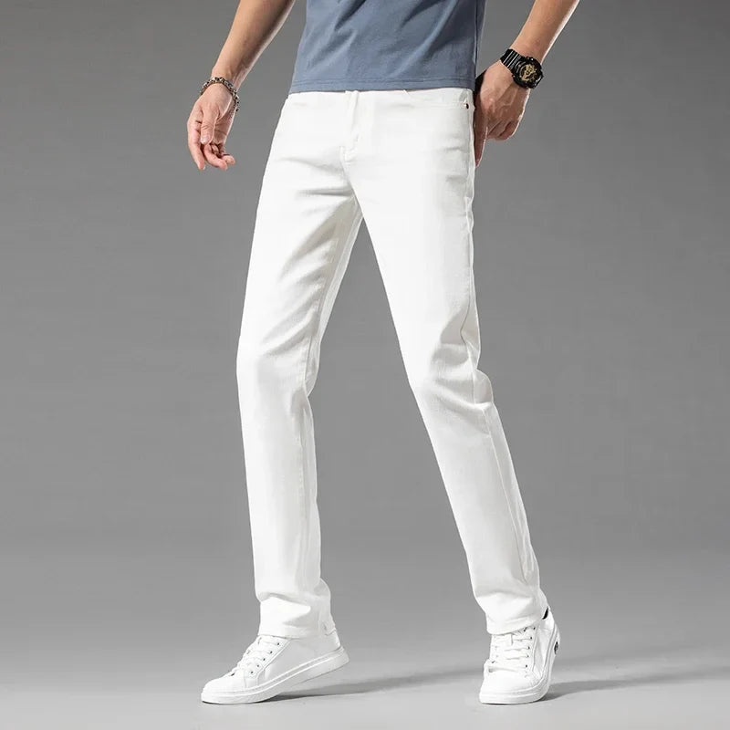New Summer 98% Cotton Men's Business Casual Jeans Straight Soft Stretch Fabric Baggy Denim Pants Male Brand Trousers