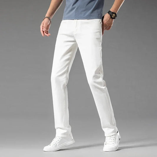 New Summer 98% Cotton Men's Business Casual Jeans Straight Soft Stretch Fabric Baggy Denim Pants Male Brand Trousers