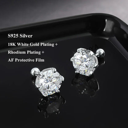 925 Sterling Silver 0.2-2ct D VVS1 6 Prong Diamond with GRA Moissanite Screw Stud Earrings For Women Wedding Fine Jewelry