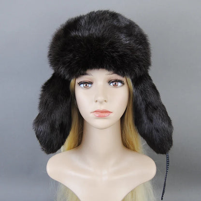 Hot Sale Winter Women's 100% Real Rabbit Fur Bomber Hat Ushanka Cap Trapper Russian Woman Ski Hats Caps Real Sheepskin Leather