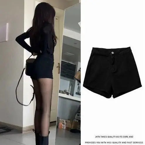2024 New Motorcycle shorts Summer Women High Waist Button Wigh Leg Jeans Shorts Casual Female Loose Blue Denim Shorts Black