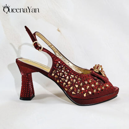 New Italian Design Open Toe Women High Heels for 2025 Elegant Party Wine Color Diamond Pumps Shoes and Bags Matching Set