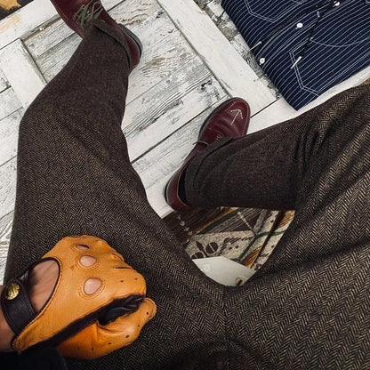 British-Style Vintage Wool Herringbone Pattern Men's Trousers, Large Size, Loose Straight-Leg Naples Men's Pants