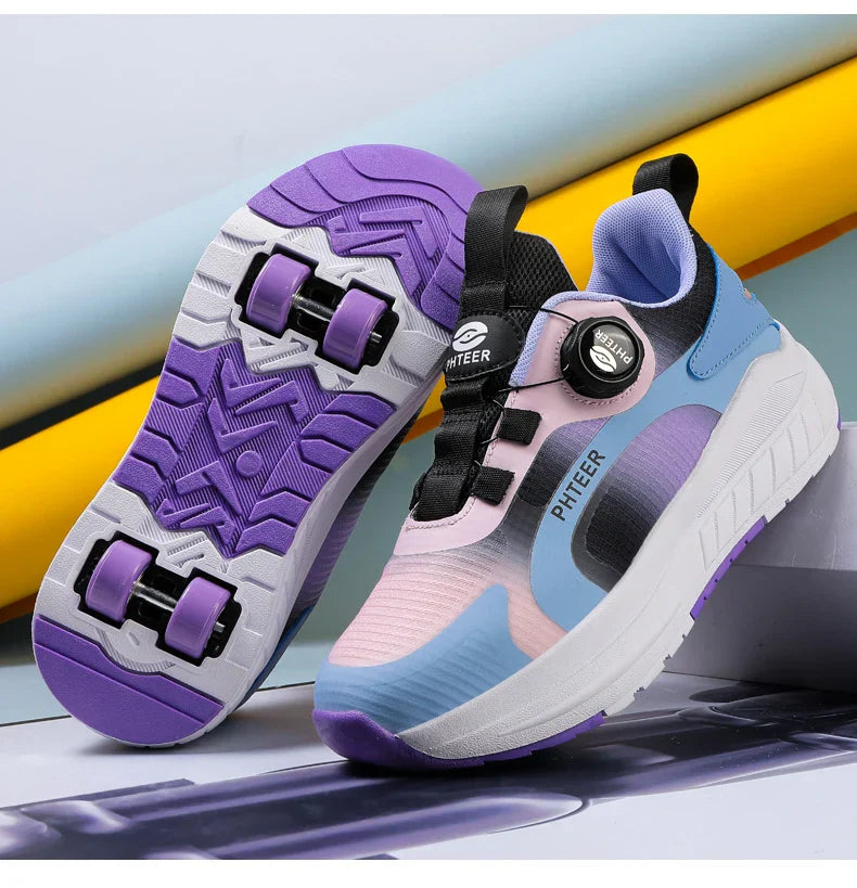 Kids Two Wheels Roller Skating Shoes With Light Magic Stick Walking Shoes Detachable Wheels Roller Skate Shoes For Teenagers
