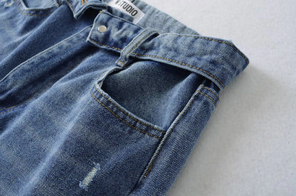 American Retro Cuffed High Waist Slimming Casual Denim Jeans Women's Autumn Versatile Loose Straight Leg Floor-Length Pants